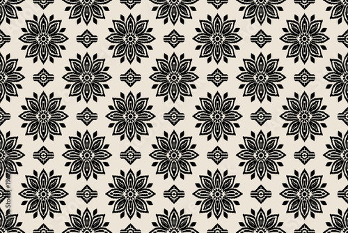 Seamless ethnic pattern featuring African boho motifs, paisley floral elements, ikat textures, and Indian Aztec embroidery borders, perfect for textile, wallpaper, and fashion design.