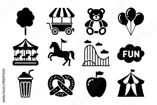 Vector icons depicting fun carnival and amusement park elements including rides balloons and treats in a playful style