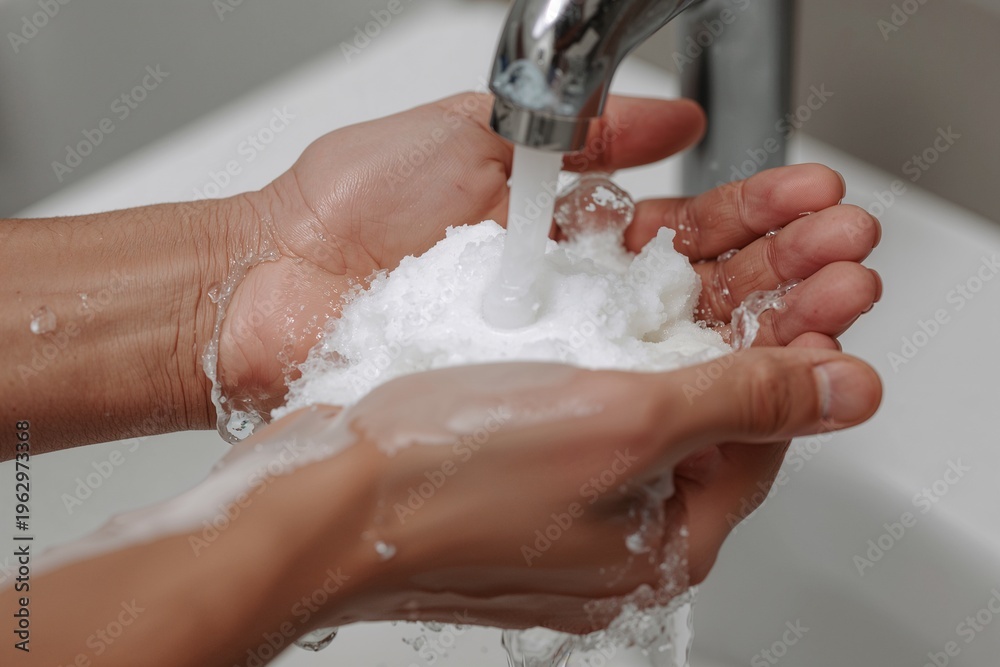 Fototapeta premium Hands washing with soap and water under faucet