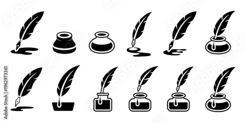Vector features various designs of feathers and ink bottles for writing.