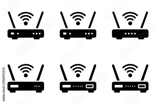 Vector of six wireless routers with antennas showing wifi signals in a grid arrangement