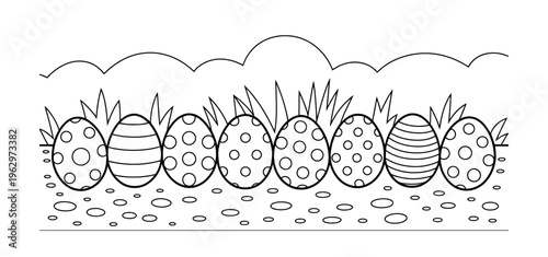 Vector of decorated easter eggs lined up in grass with a cloudy sky background