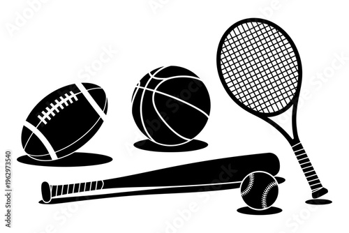 Vector of sports equipment including a tennis racket a baseball bat a baseball a football and a basketball