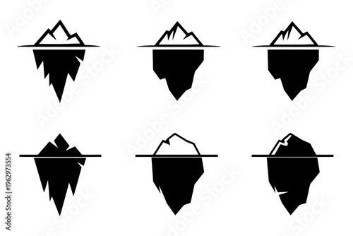 Vector of six black icebergs partially submerged in water with visible jagged peaks