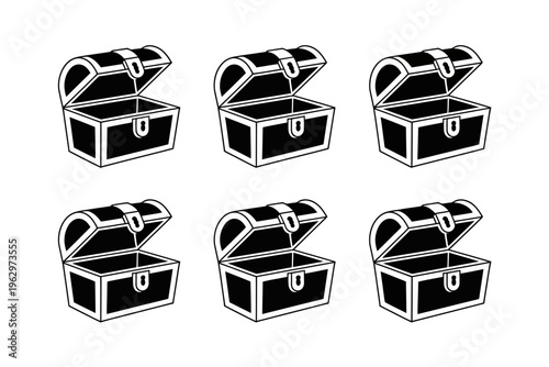 Vector of six open treasure chests arranged in two rows with a pirate theme