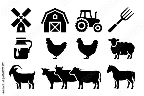 Vector of a farm scene includes silhouettes of farm animals, a windmill, tractor, barn, and agriculture tools.