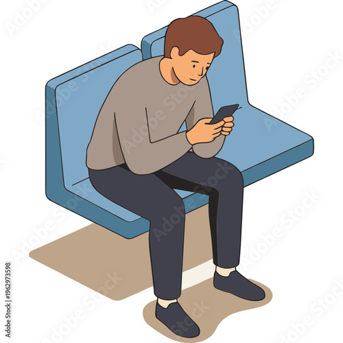 A man sits on a bench looking at his phone with sadness
