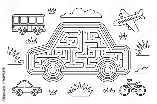 Vector of a car-shaped maze with various modes of transportation including a bus, car, bike, and airplane