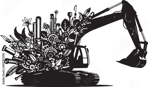 Black silhouette excavator with bouquet of flowers and tools