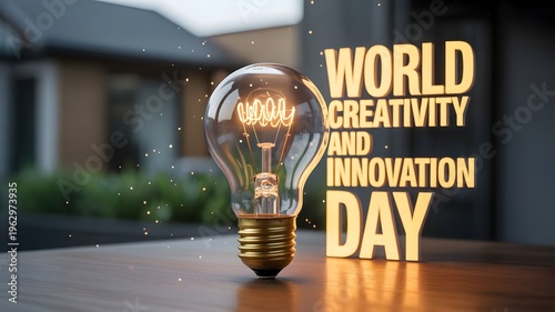 Light bulb with world creativity and innovation day sign on wooden table