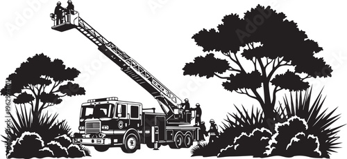 Black silhouette fire truck with extended ladder and crew cutting trees