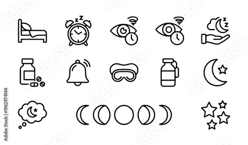 Modern sleep and night outline icons collection with bed alarm insomnia and pills 32 pixel vector