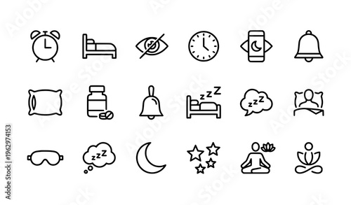 Sleep line icons set with alarm clock bed insomnia pillow and pills editable stroke 32 pixel vector