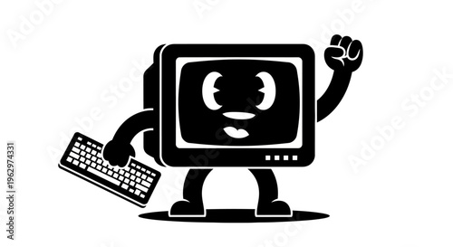 Retro Computer Character Holding Keyboard and Raising Fist.
