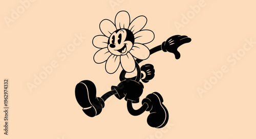 Retro Flower Character Dancing with Joyful Expression.