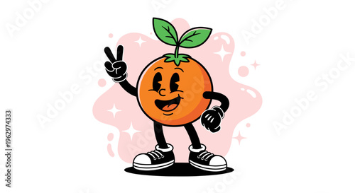 Retro Orange Character Making Peace Sign.