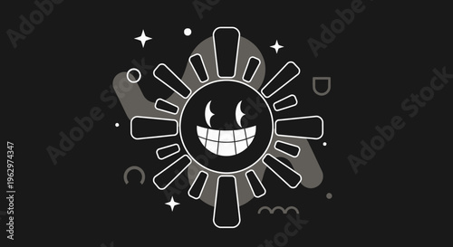 Retro Sun Character with Big Grinning Face.