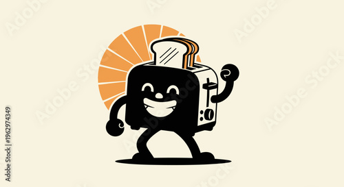 Retro Toaster Character with Toast and Fan.