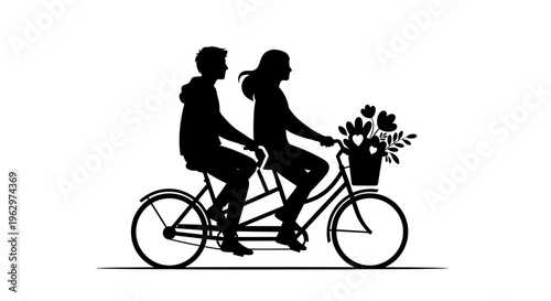 Silhouette of a couple riding a tandem bicycle.
