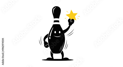 Cartoon bowling pin character holding a golden star.