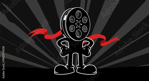 Cartoon film reel character with red ribbon.