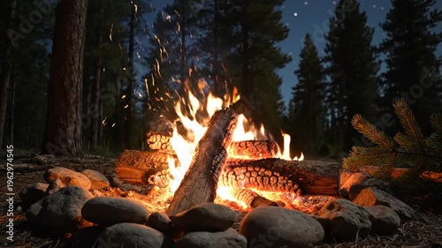 Campfire Burning Brightly at Night in the Forest.
