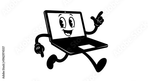 Cartoon Laptop Character Running with a Smile.