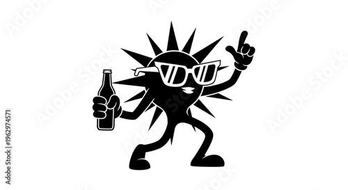 Cartoon Sun Character Holding a Beer Bottle Wearing Sunglasses.