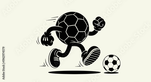 Cartoon soccer ball character running with a soccer ball.