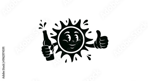 Cartoon Sun Character Holding Beer Bottle and Thumbs Up.