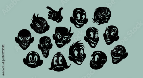 Collection of Diverse Cartoon Character Faces Expressing Various Emotions.