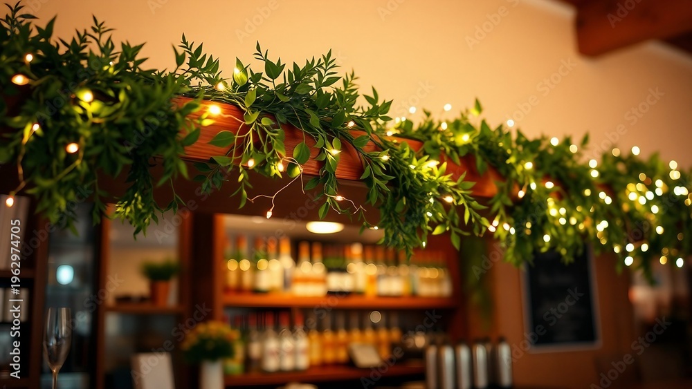 Obraz premium Festive Christmas garland with warm string lights and copper ribbon draped above a cozy restaurant bar, creating a welcoming holiday atmosphere for diners and seasonal celebrations.