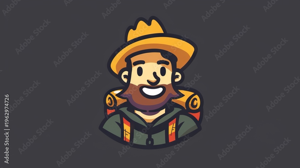 Obraz premium Cartoon illustration of a hiker with backpack and hat ready for adventure.