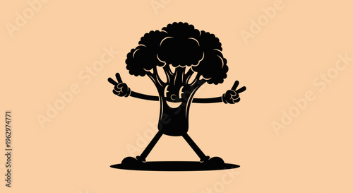 Happy Broccoli Character with Peace Signs.