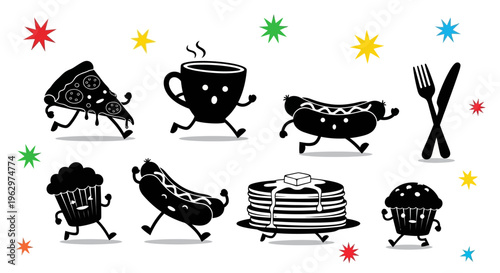 Funny Cartoon Food Characters Dancing and Having Fun.