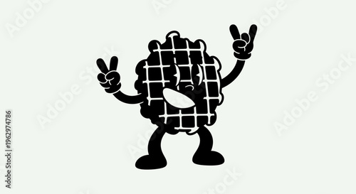 Funny Waffle Character with Rock and Roll Hands.