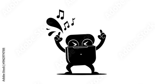 Dancing wireless earbuds character with music notes.