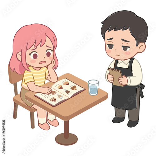 A young girl looks unhappy while sitting at a table with a menu and a waiter standing beside her looking concerned.