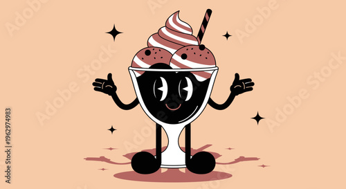 Retro Cartoon Ice Cream Sundae Character with Happy Face.