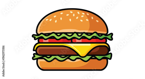 A vivid, inviting cartoon hamburger with sesame bun, lettuce, tomato, cheese, and patty, ideal for food graphics and digital media showcasing quick,
