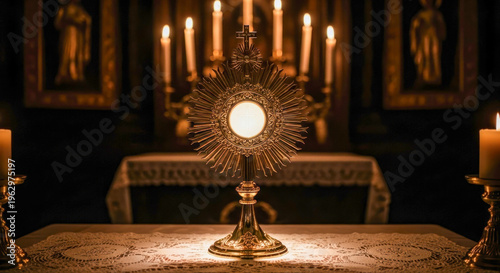 Eucharistic adoration in a dimly lit chapel
