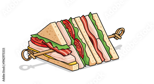 Vibrant cartoon illustration of a classic club sandwich. Fresh ingredients, bamboo skewer. Ideal for culinary themes, delightful food visuals.