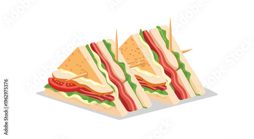 Deliciously layered club sandwiches presented on a clean white background an appetizing and classic lunch illustration for various culinary designs