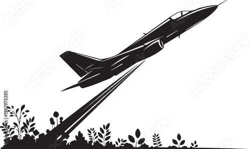 Black silhouette of a fighter jet taking off over plants