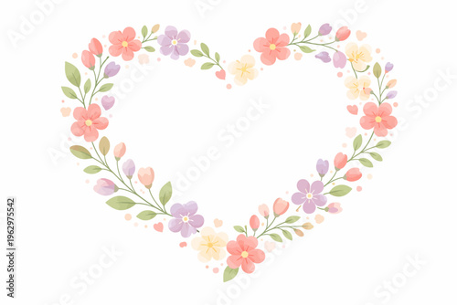 Charming watercolor heart frame with pastel flowers and green leaves, ideal for romantic greeting cards, wedding invitations, and tender celebrations of love and affection