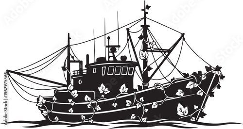 Black silhouette of a fishing boat with vines and leaves