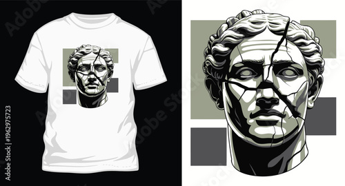 White t-shirt mockup with cracked statue head graphic, representing resilience and art