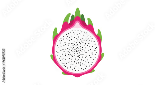 Vibrant tropical dragon fruit half illustration with seeds on white background
