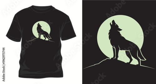 Wolf howling at moon t-shirt design, wildlife illustration