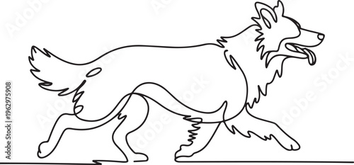 Dynamic minimalist continuous line art illustration of a running domestic dog, capturing its playful energy and graceful motion with a single, flowing artistic stroke
